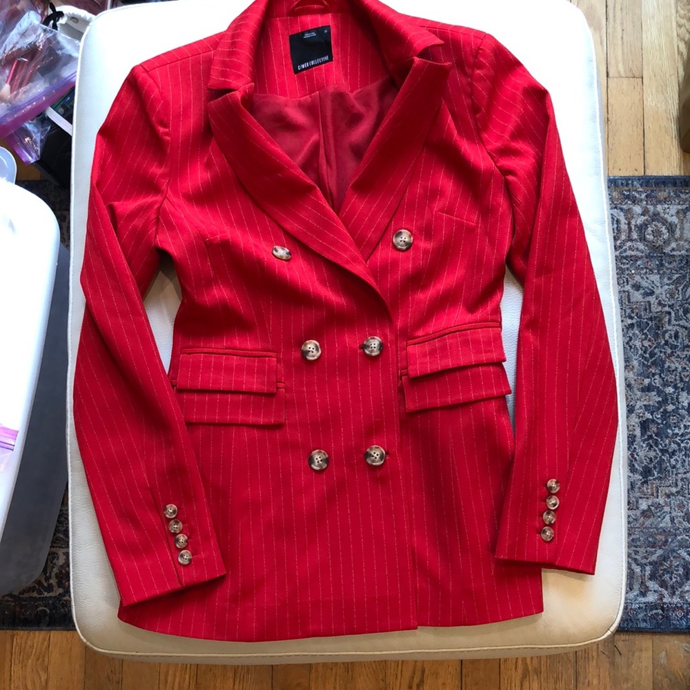 C/MEO Collective red pinstripe double breasted blazer